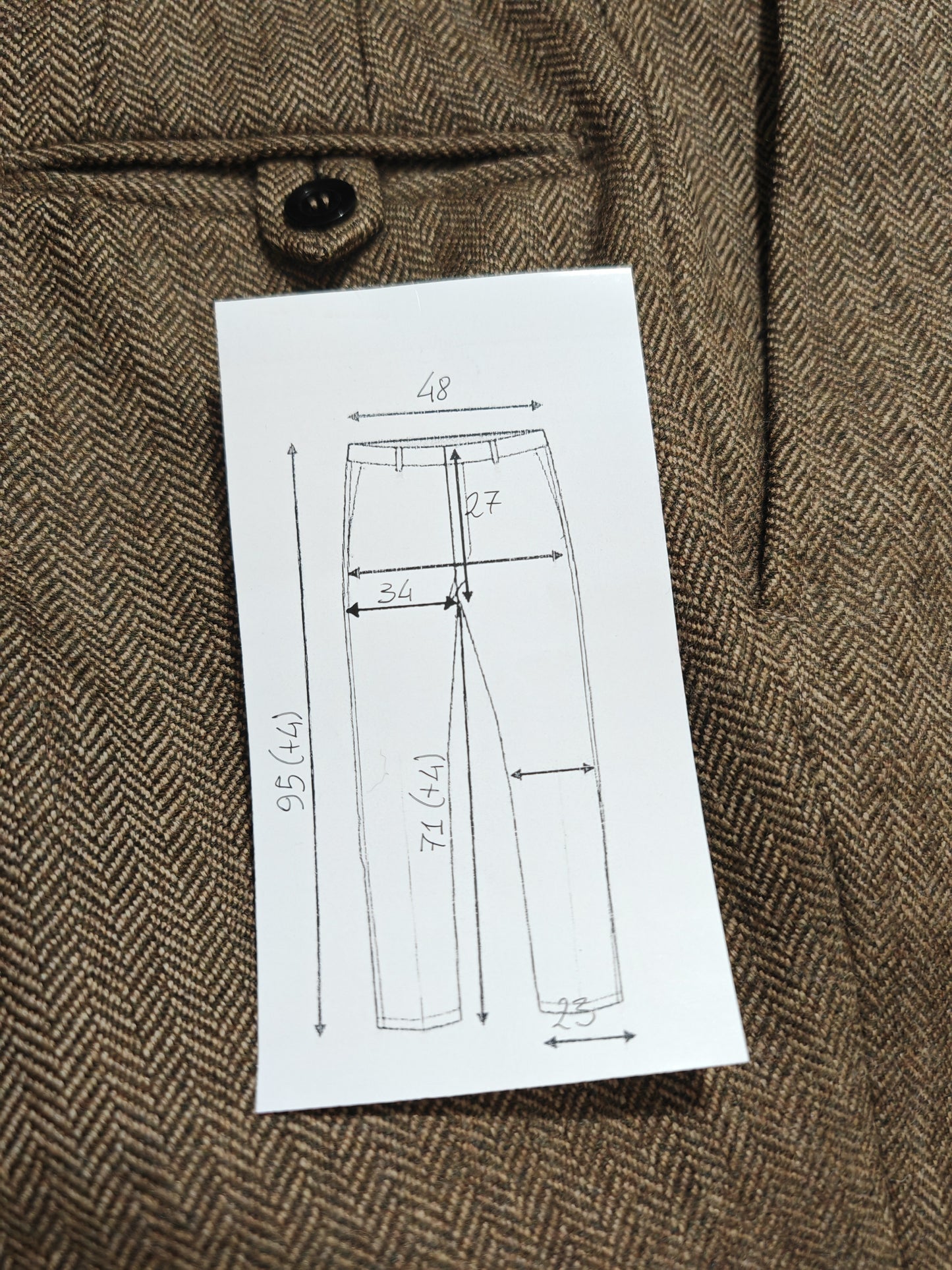 Pantalone anni '70 in tweed marrone spigato - tg. 50/52