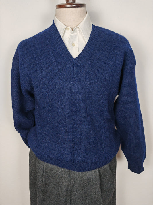 Pullover blu a trecce in pura lana - M/L