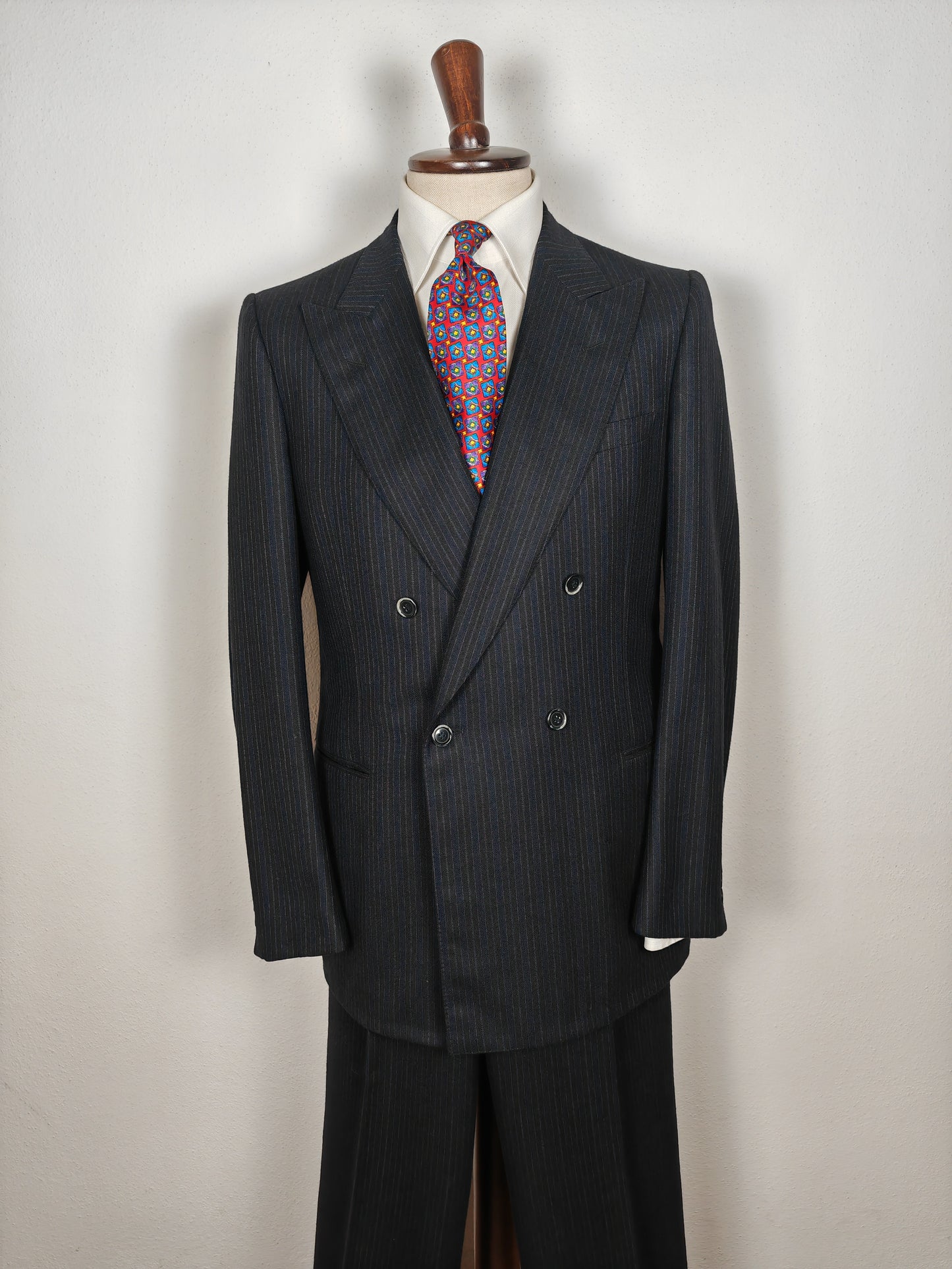 Completo doppiopetto gessato anni '70 in flanella blu - tg. 50/52