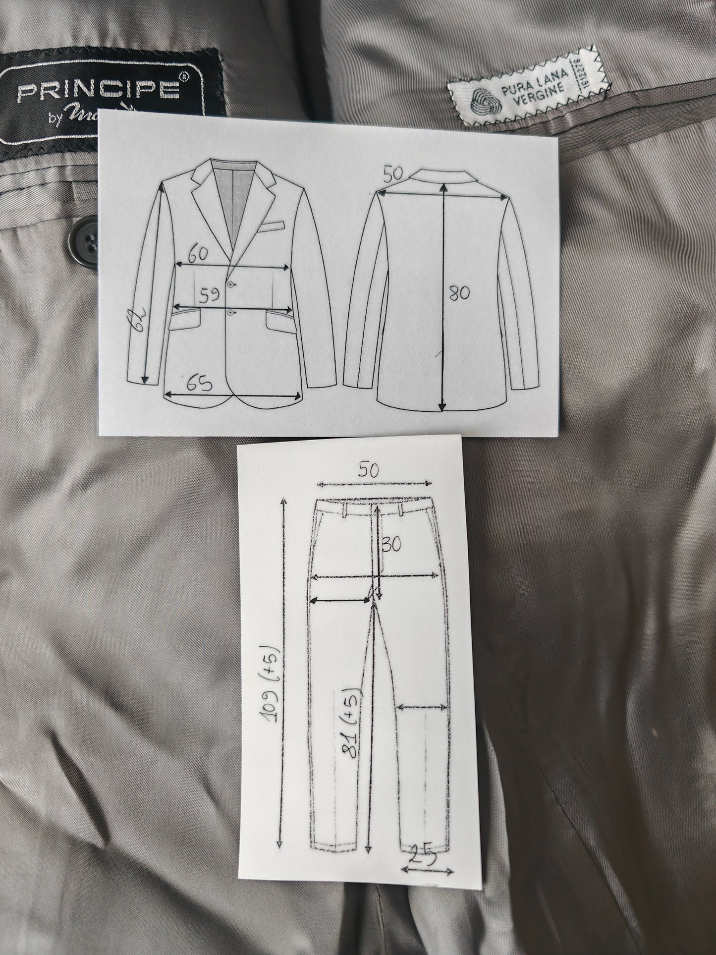 Completo anni '70/'80 tessuto Marzotto grigio a righe fresco lana - tg. 54/56