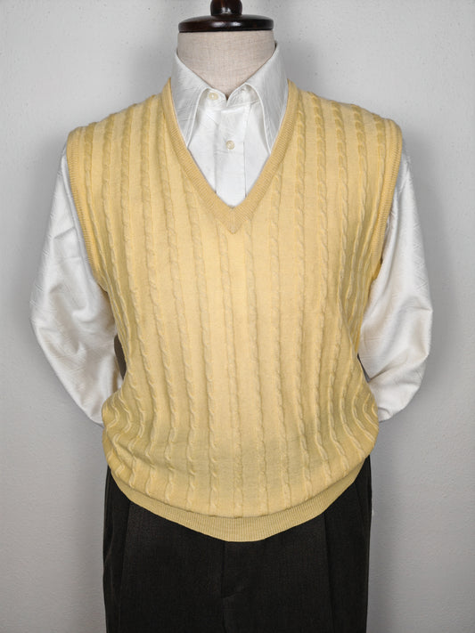 Gilet vintage in pura lana merino giallo pastello - L
