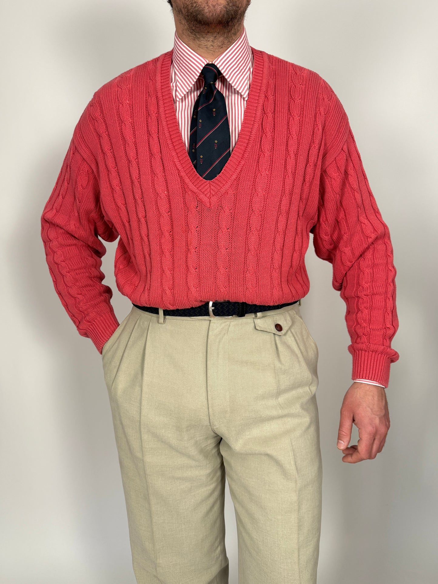 Pullover rosa corallo anni ‘80 100% cotone a trecce - tg. L/XL