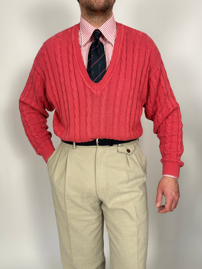 Pullover rosa corallo anni ‘80 100% cotone a trecce - tg. L/XL