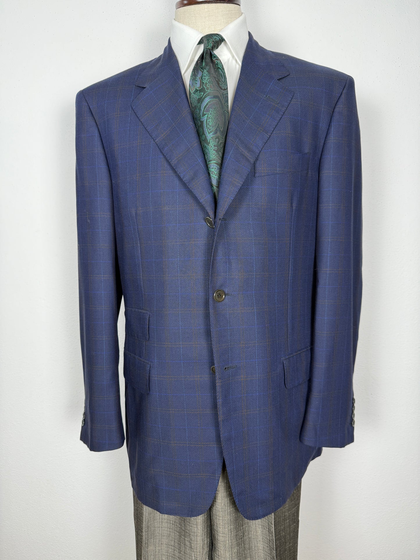 Giacca Pierre Cardin anni '90 in lana super twist blu a quadri - tg. 52/54
