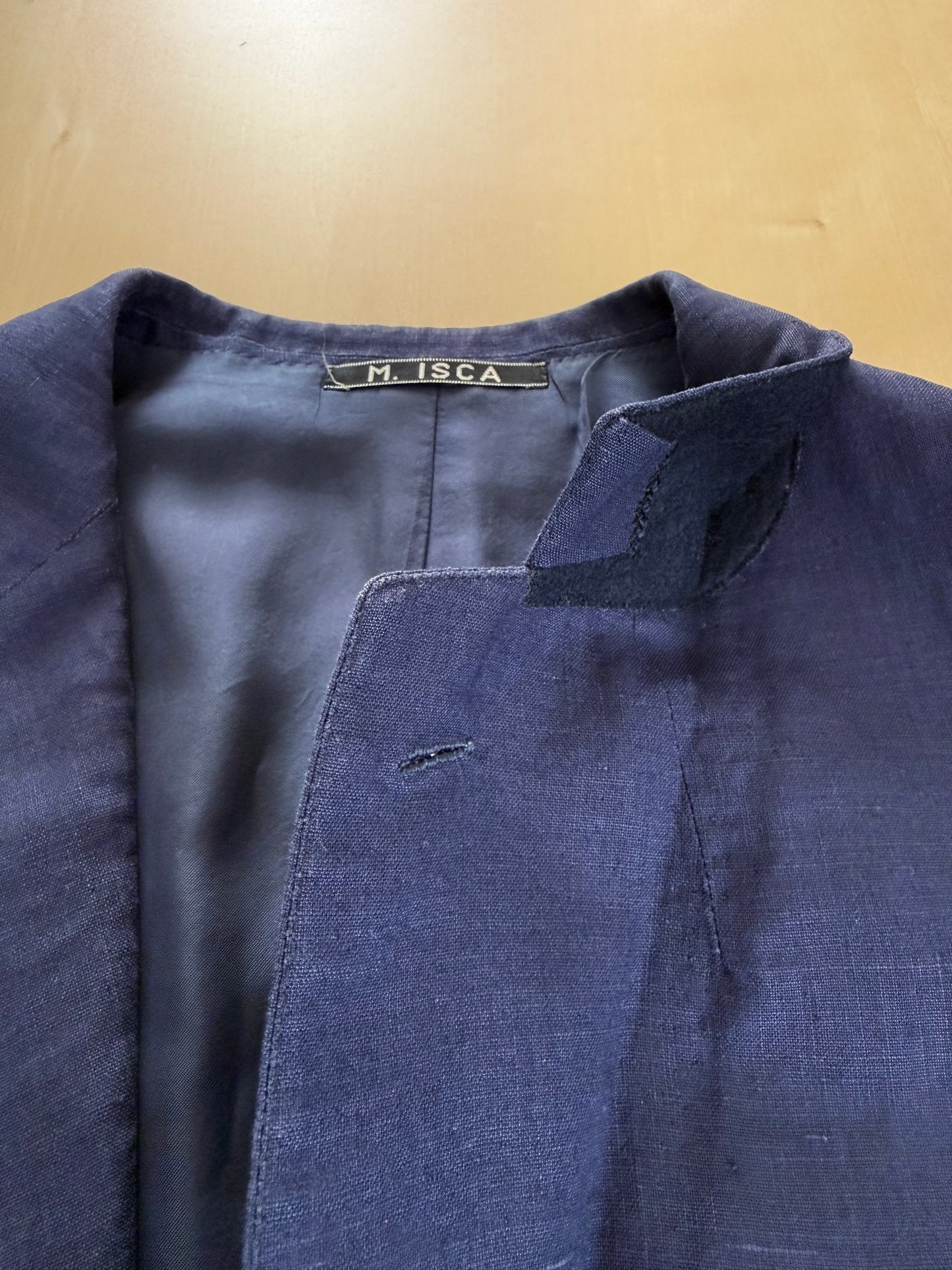 Completo sartoriale anni '70 in lino blu stile workwear - tg. 54