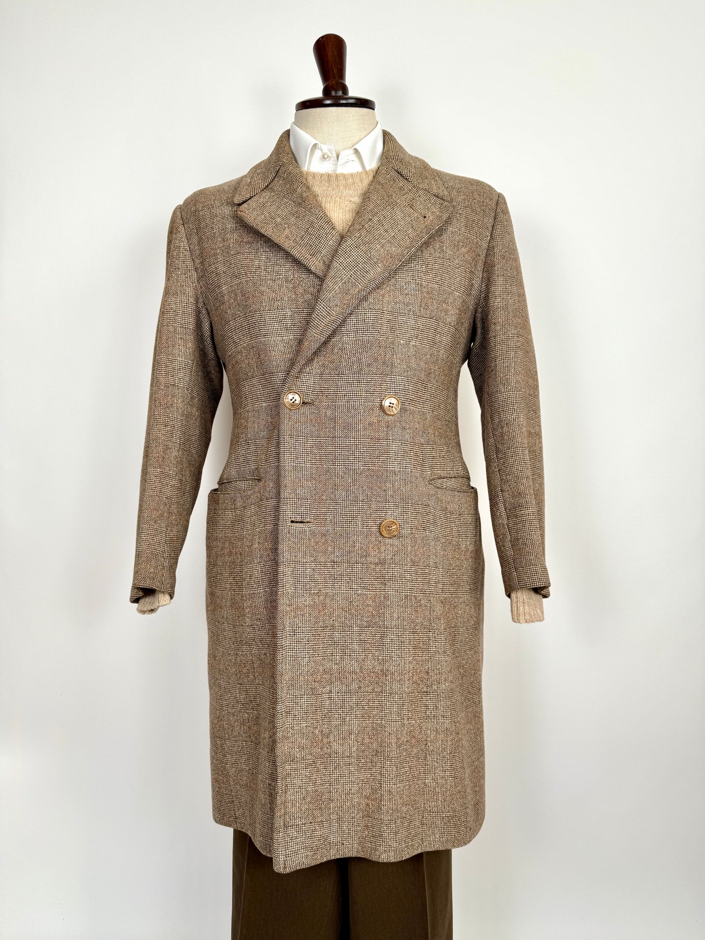 Cappotto doppiopetto sartoriale anni ‘50/‘60 glen check tabacco - tg. 44-46