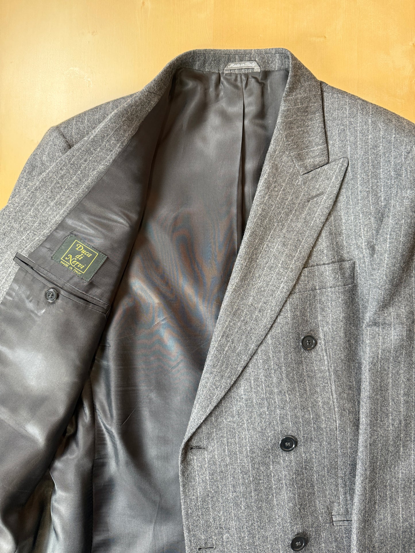Completo doppiopetto flanella grigio gessato anni ‘80/‘90 - tg. 48/50, drop alto