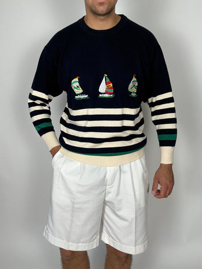Pullover Burberrys in cotone anni '80 con barche a vela - M/L