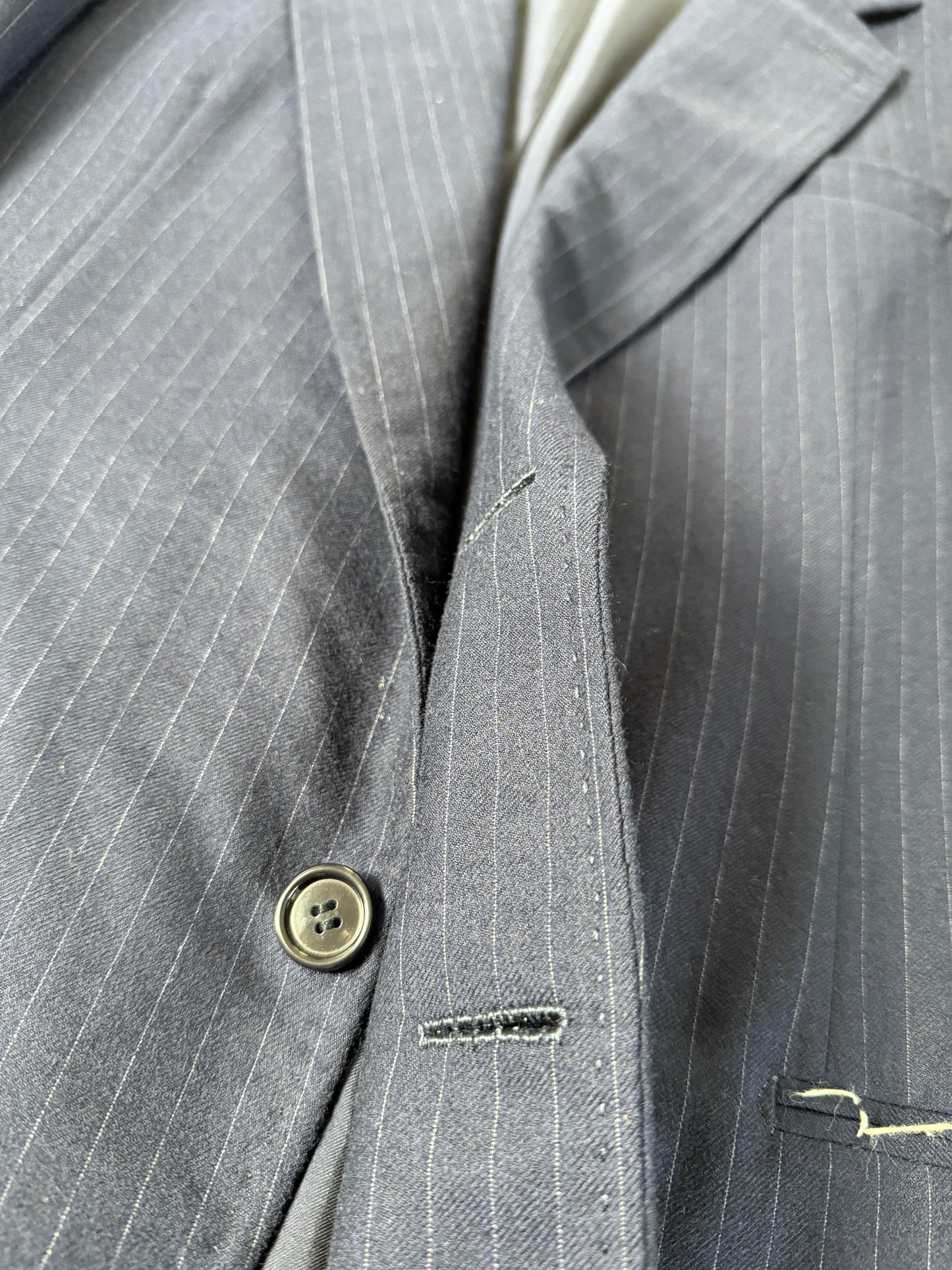 Giacca sartoriale anni ‘70 in flanella blu gessata (nuova) - tg. 50