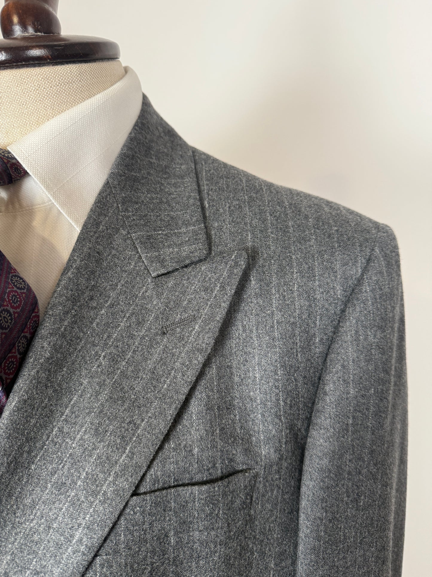 Completo doppiopetto flanella grigio gessato anni ‘80/‘90 - tg. 48/50, drop alto