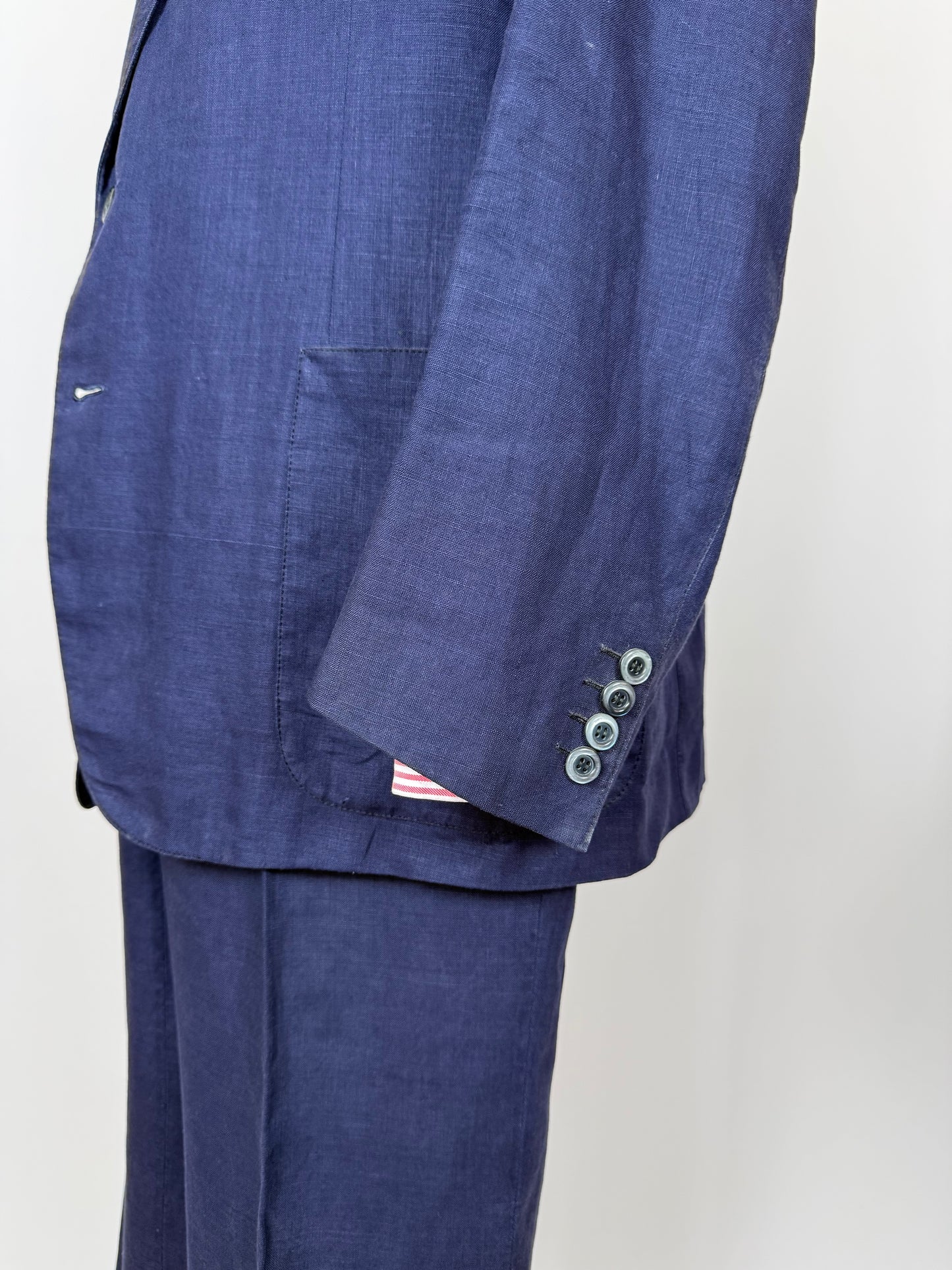 Completo sartoriale anni '70 in lino blu stile workwear - tg. 54