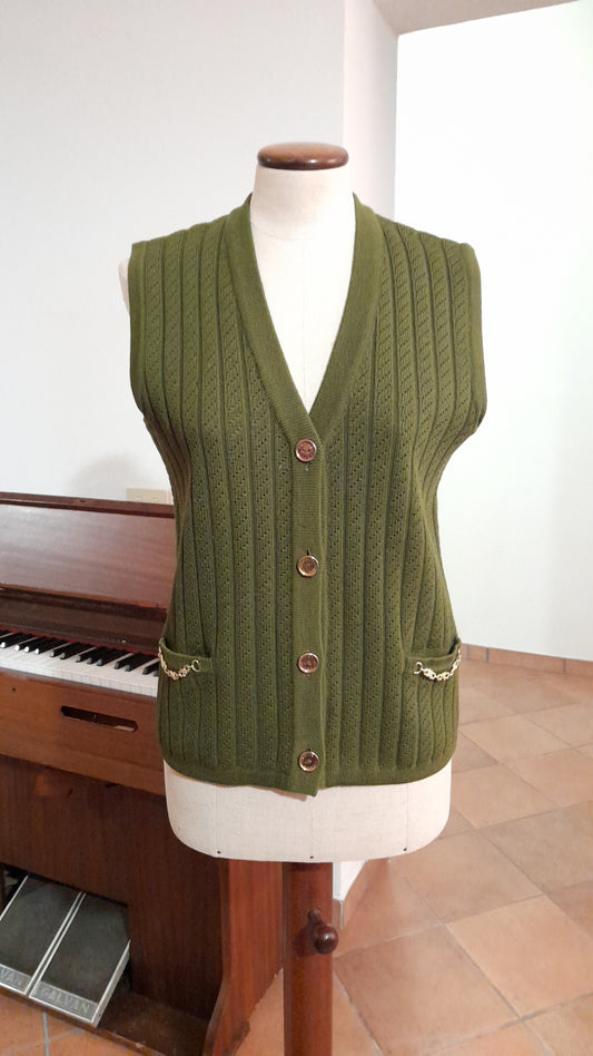 Céline, cardigan smanicato vintage in lana con catenelle