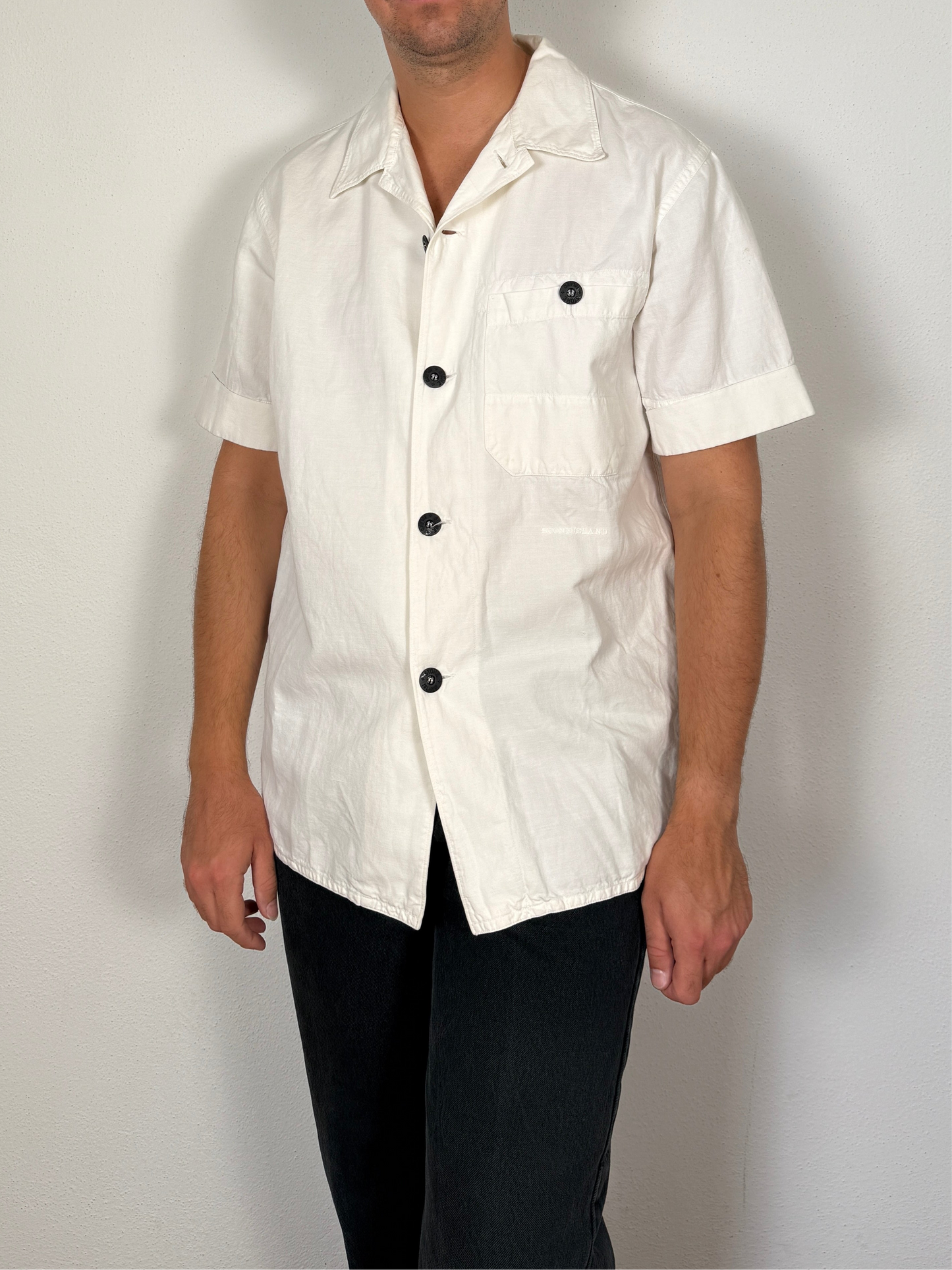 Camicia Stone Island bianca manica corta in cotone e lino (SS 2002) - L