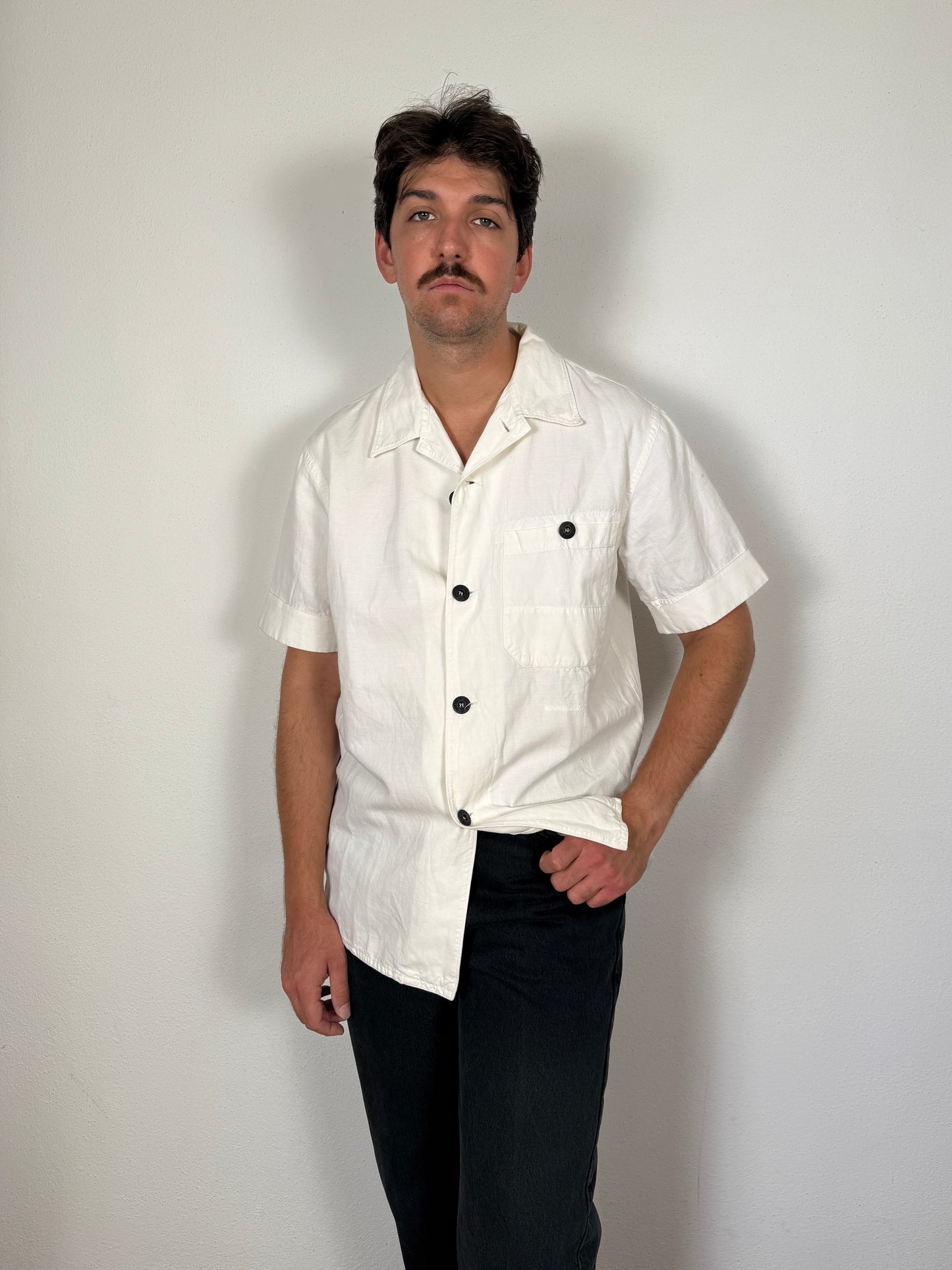 Camicia Stone Island bianca manica corta in cotone e lino (SS 2002) - L