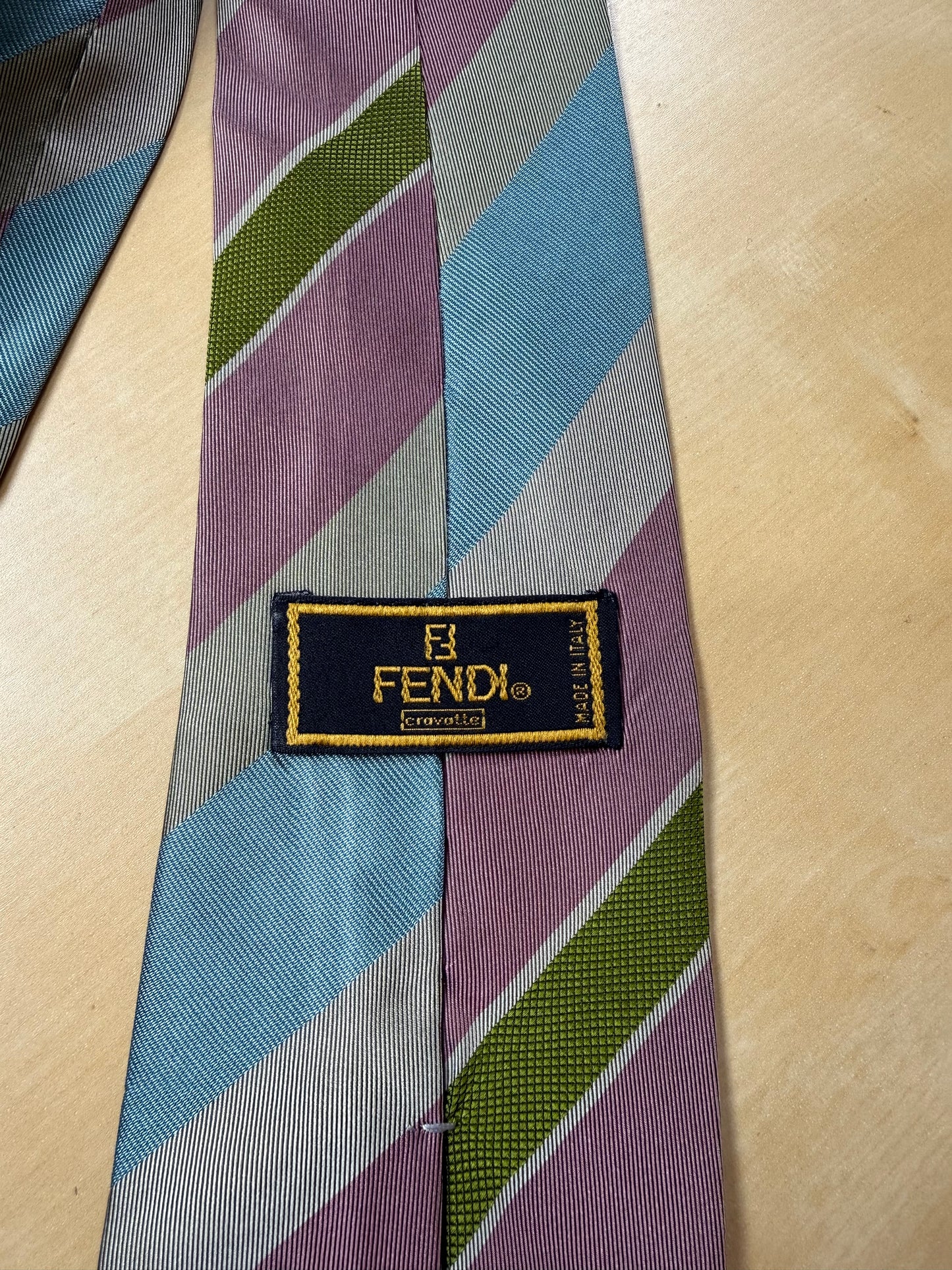 Cravatta Fendi regimental vintage azzurro verde grigio