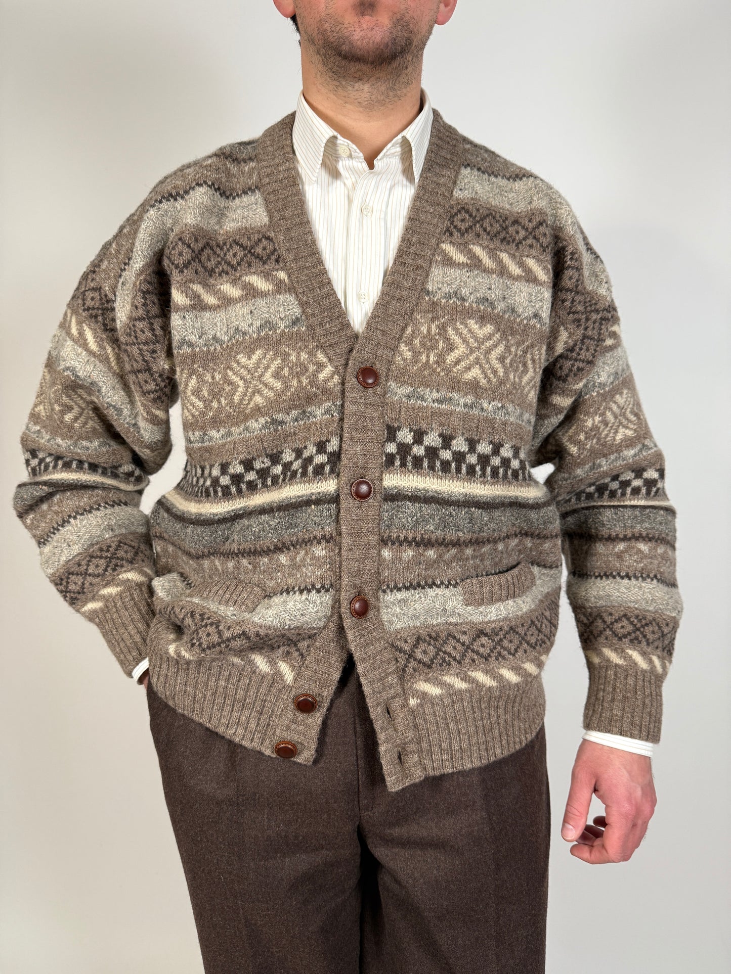 Cardigan anni ‘80 in lana Shetland fantasia geometrica - L