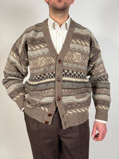 Cardigan anni ‘80 in lana Shetland fantasia geometrica - L