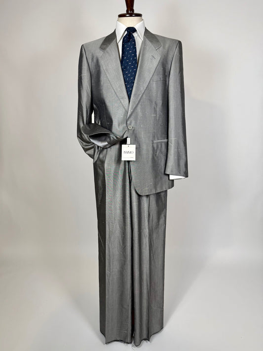 Completo in pura seta shantung grigio argento anni '80 (NOS) - tg. 52/54