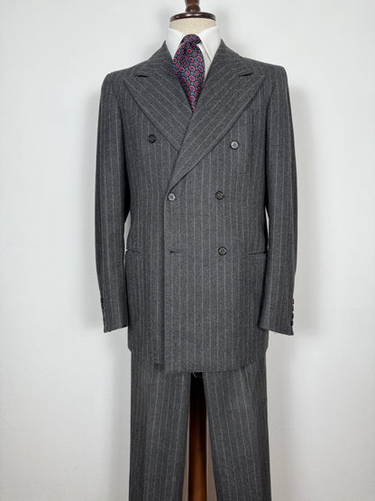 Completo doppiopetto sartoriale anni ‘70 in flanella grigio gessato - tg. 50/52 drop basso