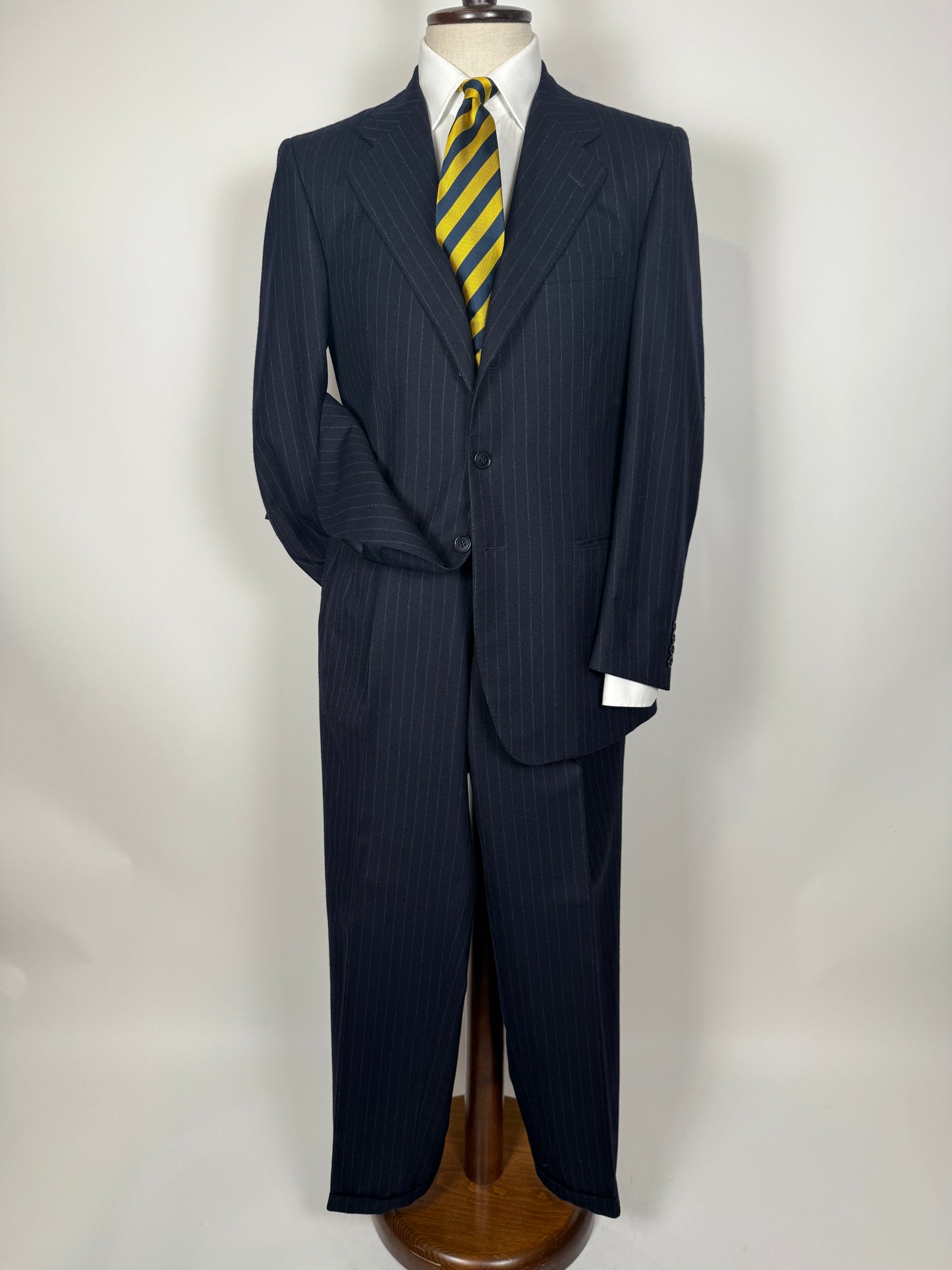 Completo anni ‘80 in flanella inglese blu gessato - tg. 48