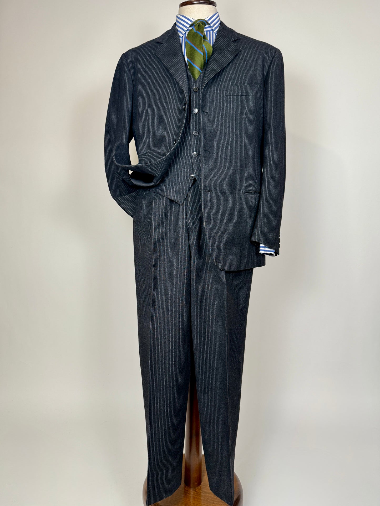 Completo 3 pezzi anni ‘60 sartoriale flanella antracite gessato - tg. 50