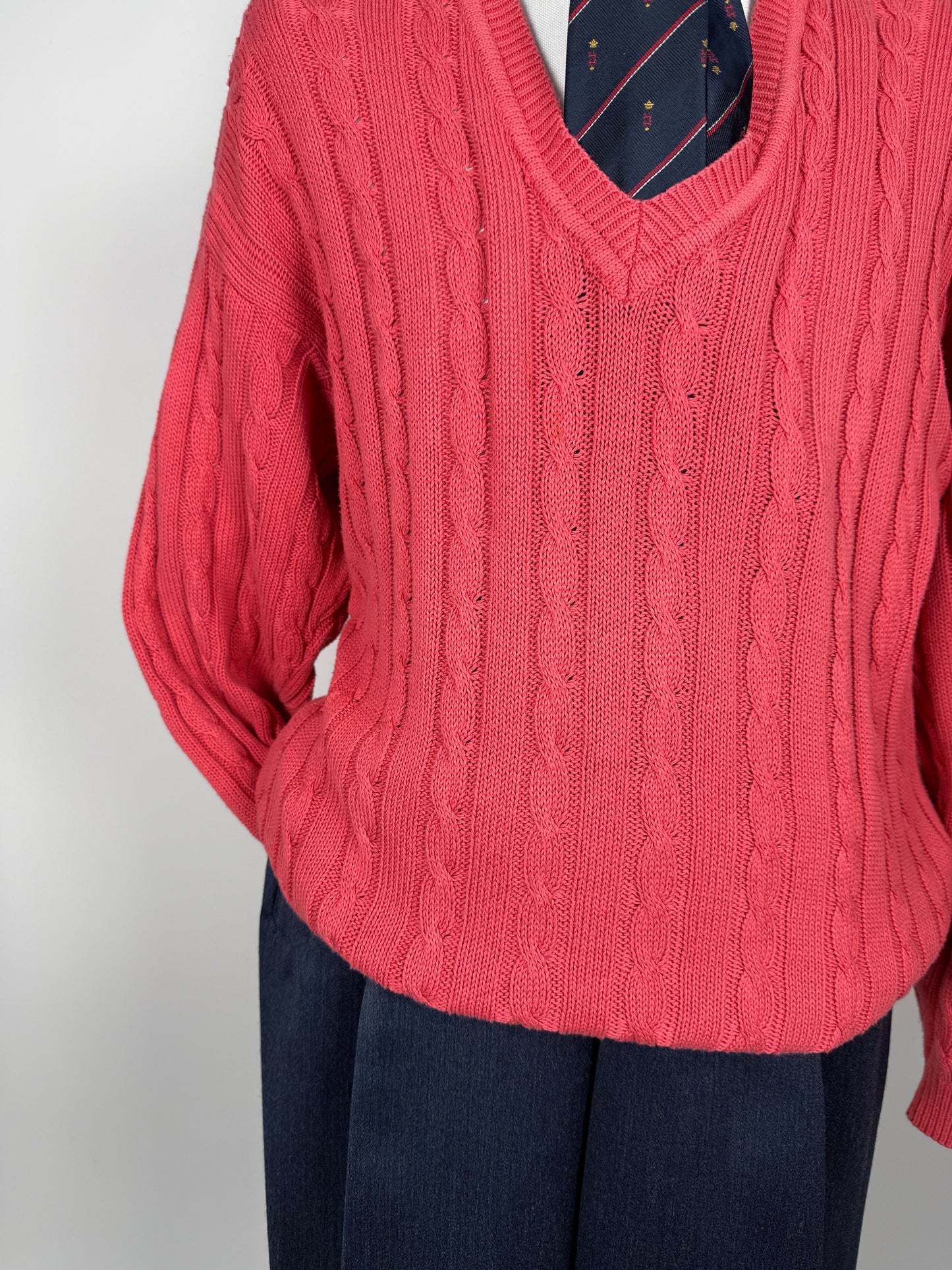 Pullover rosa corallo anni ‘80 100% cotone a trecce - tg. L/XL