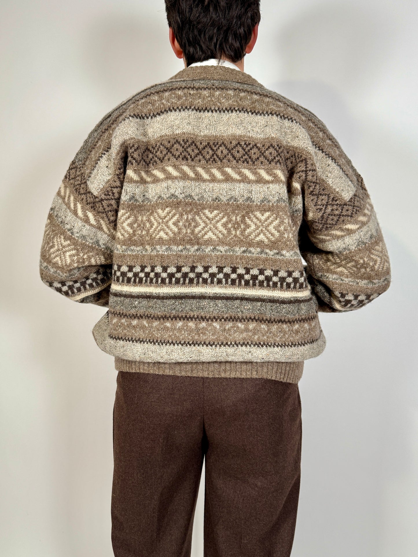 Cardigan anni ‘80 in lana Shetland fantasia geometrica - L