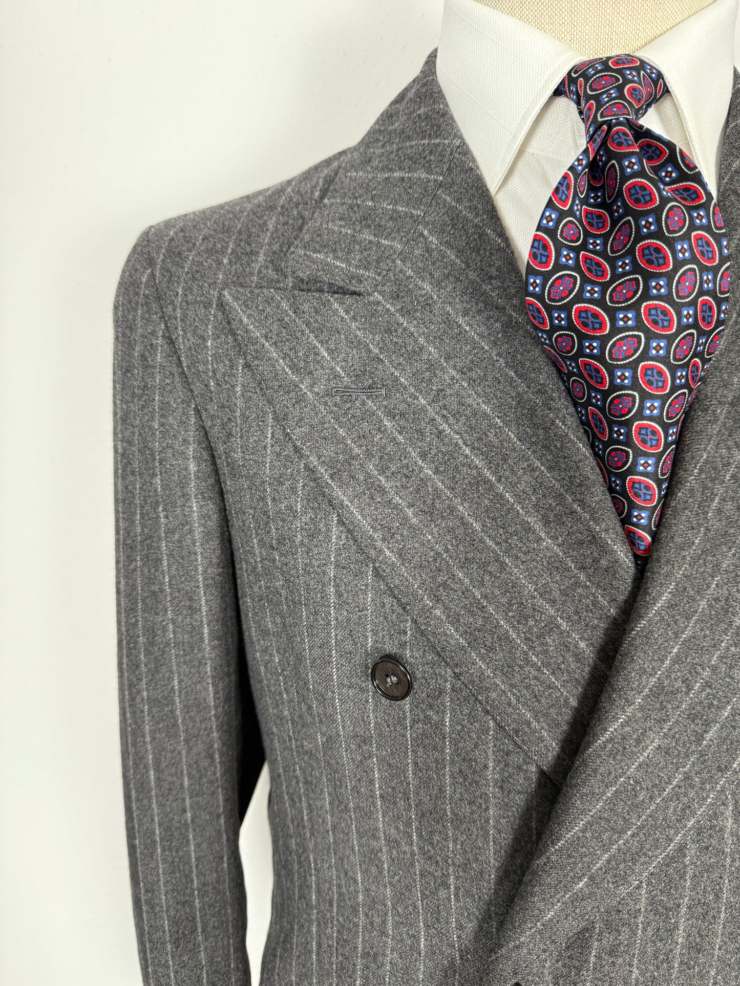 Completo doppiopetto sartoriale anni ‘70 in flanella grigio gessato - tg. 50/52 drop basso
