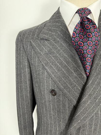 Completo doppiopetto sartoriale anni ‘70 in flanella grigio gessato - tg. 50/52 drop basso