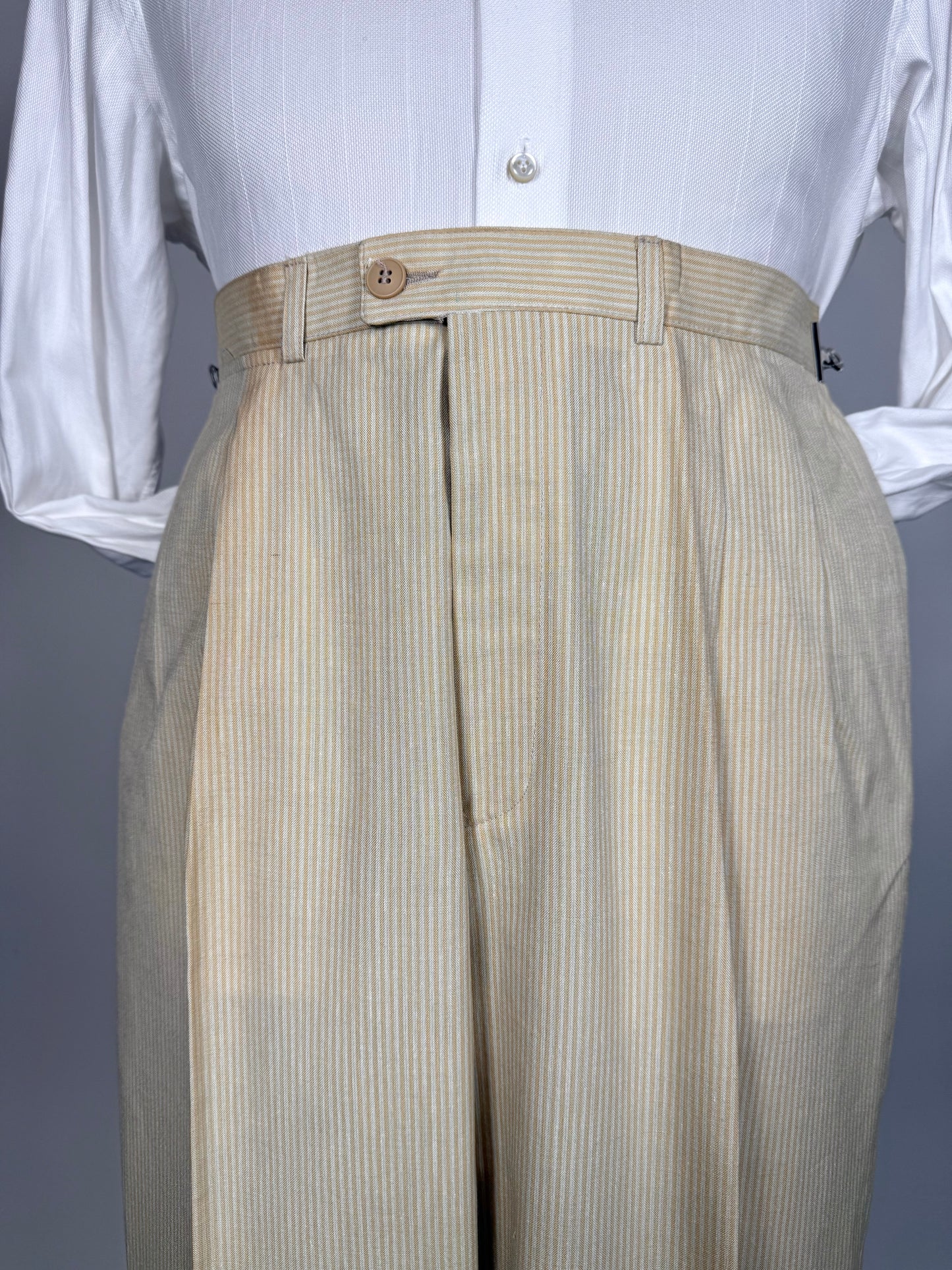 Pantaloni anni ‘80 tela di cotone a righe giallo pastello (NOS) - tg. 48