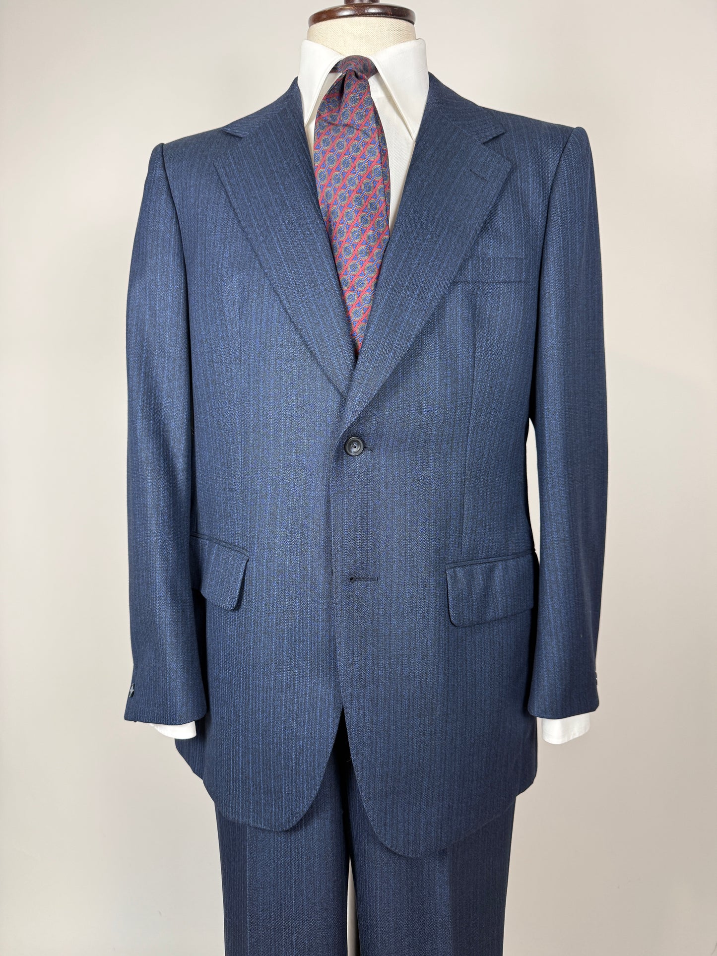 Completo anni ‘70 lana pettinata blu gessato - tg. 50