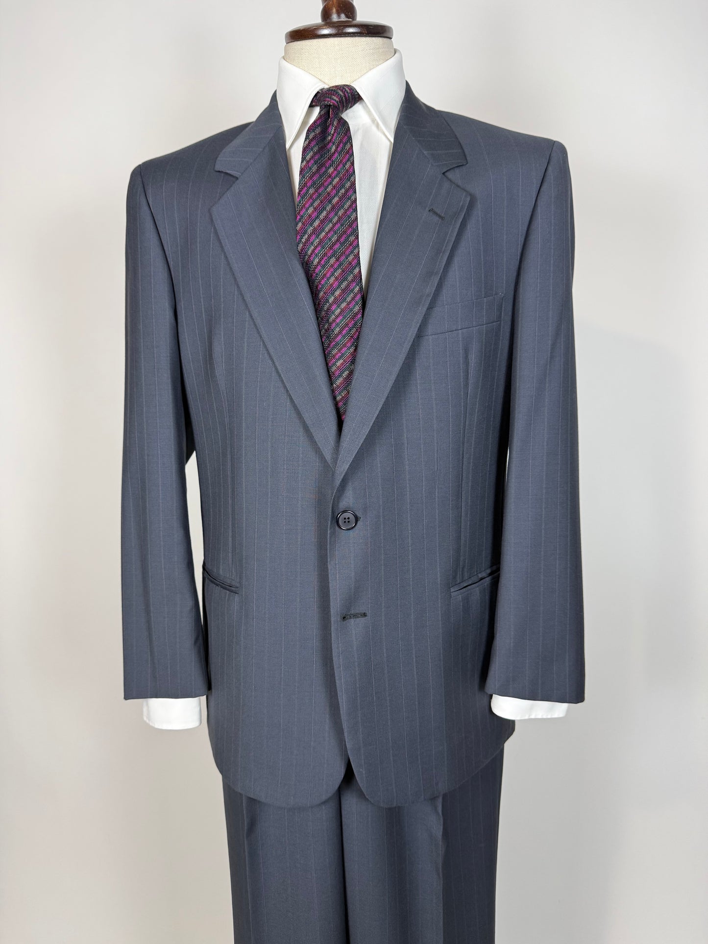 Completo anni '80 fresco lana blu avio gessato - tg. 50