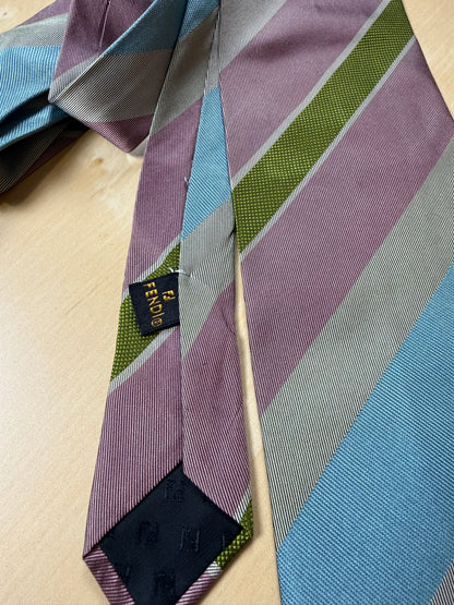 Cravatta Fendi regimental vintage azzurro verde grigio