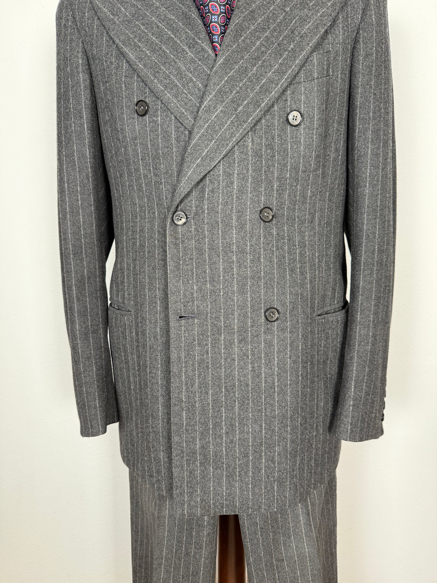 Completo doppiopetto sartoriale anni ‘70 in flanella grigio gessato - tg. 50/52 drop basso