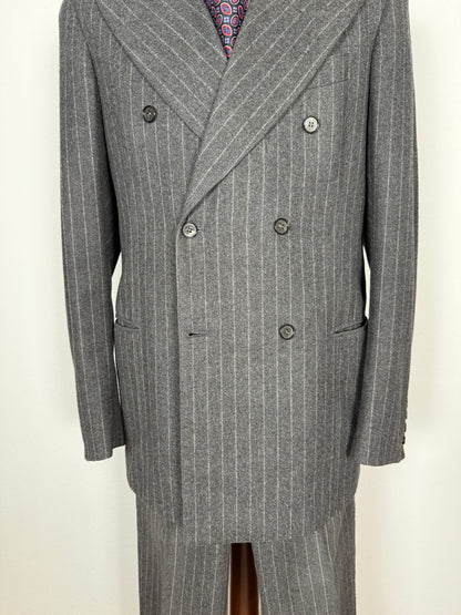 Completo doppiopetto sartoriale anni ‘70 in flanella grigio gessato - tg. 50/52 drop basso