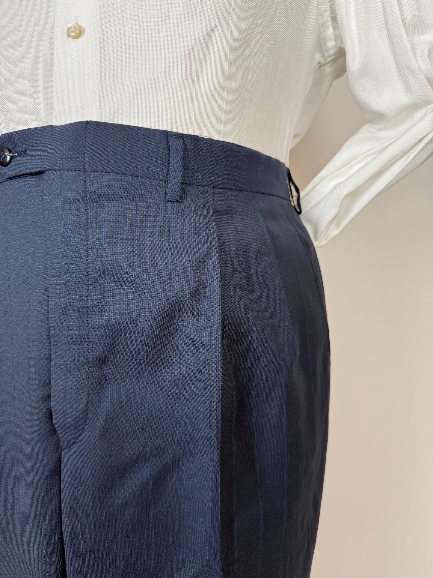 Pantaloni anni '80 fresco lana blu righe tono su tono - tg. 56