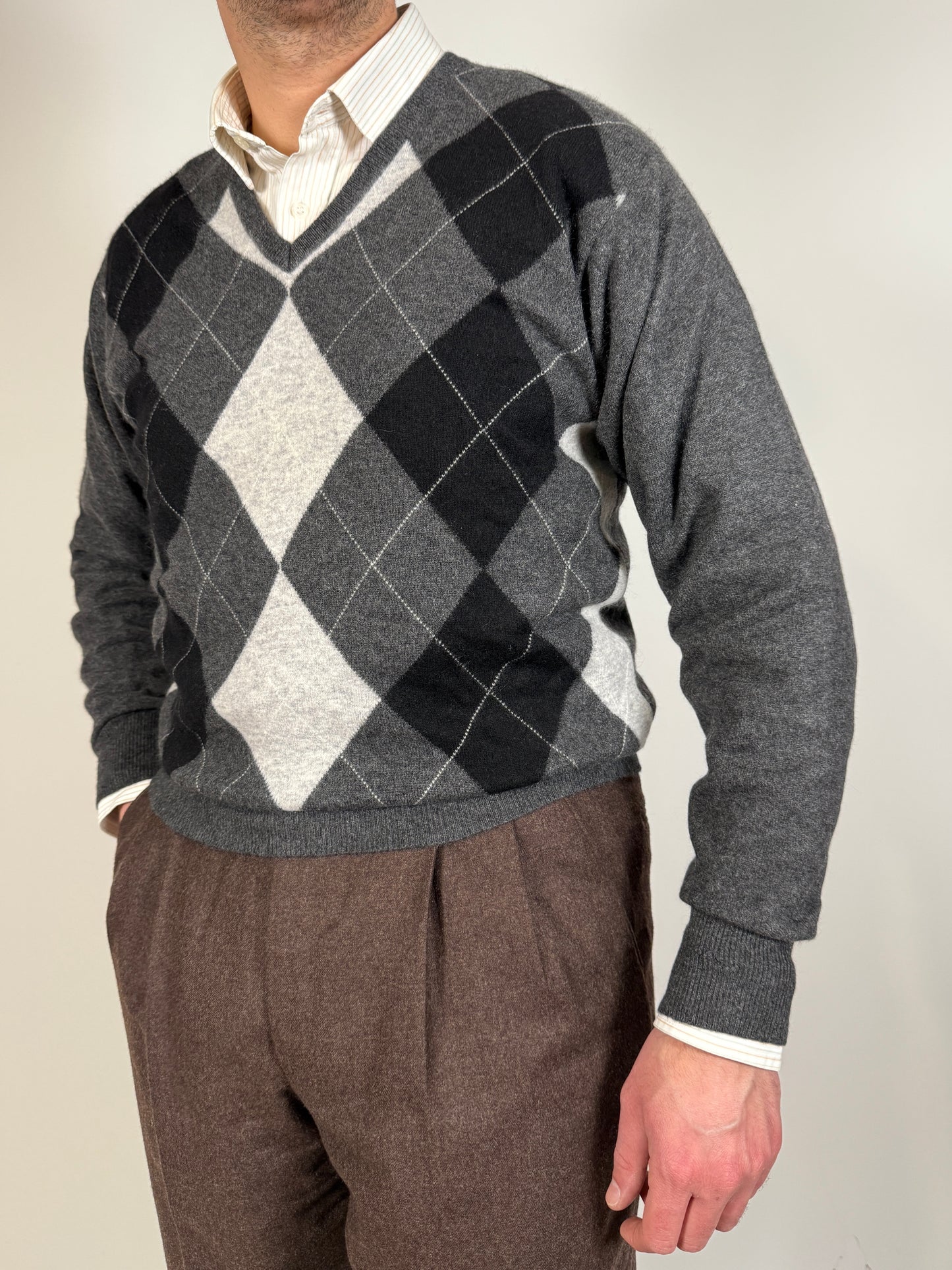 Pullover 100% cashmere grigio rombi - M