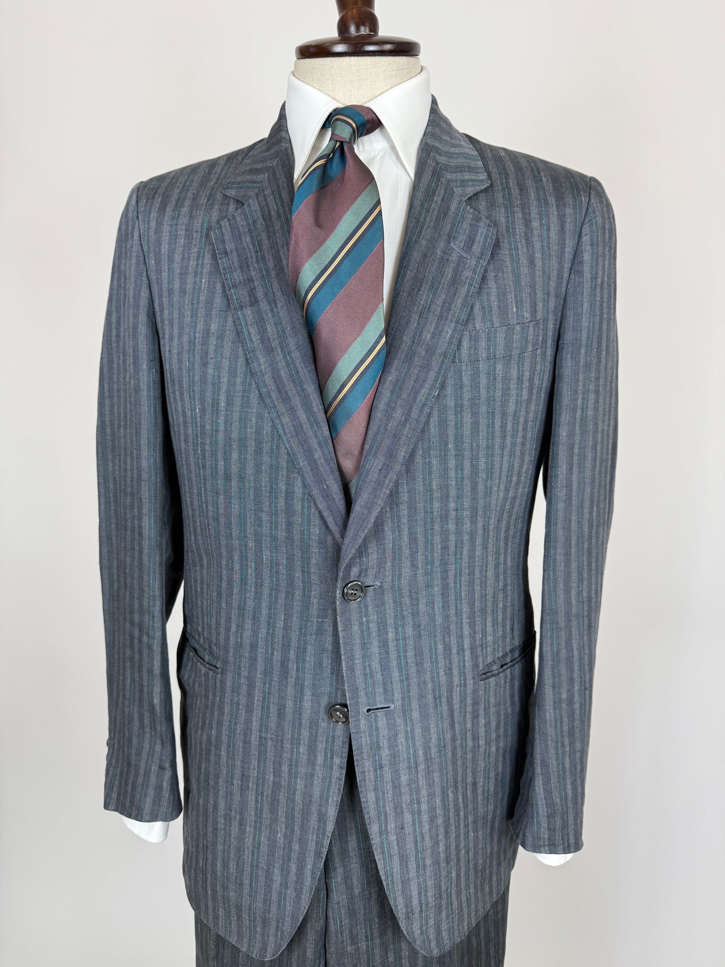Completo anni '70/'80 puro lino grigio gessato verde - tg. 48