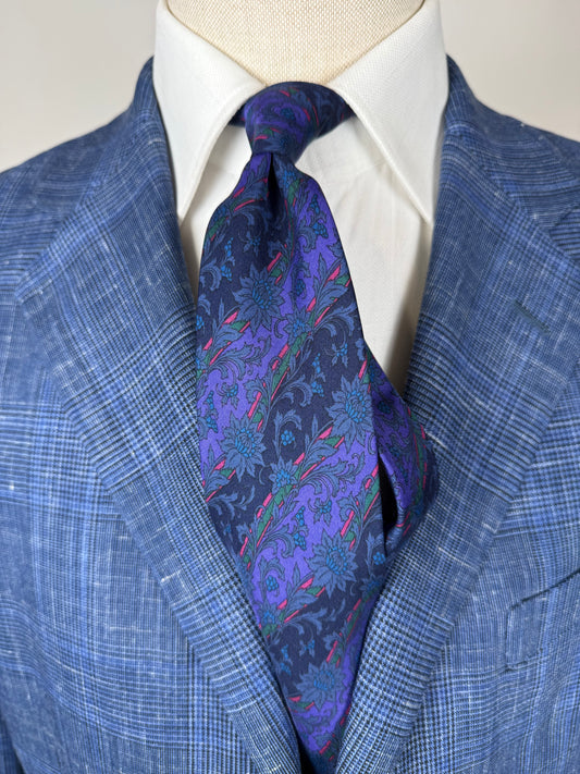 Cravatta Yves Saint Laurent floreale e regimental blu e viola