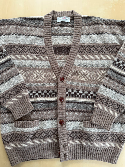 Cardigan anni ‘80 in lana Shetland fantasia geometrica - L