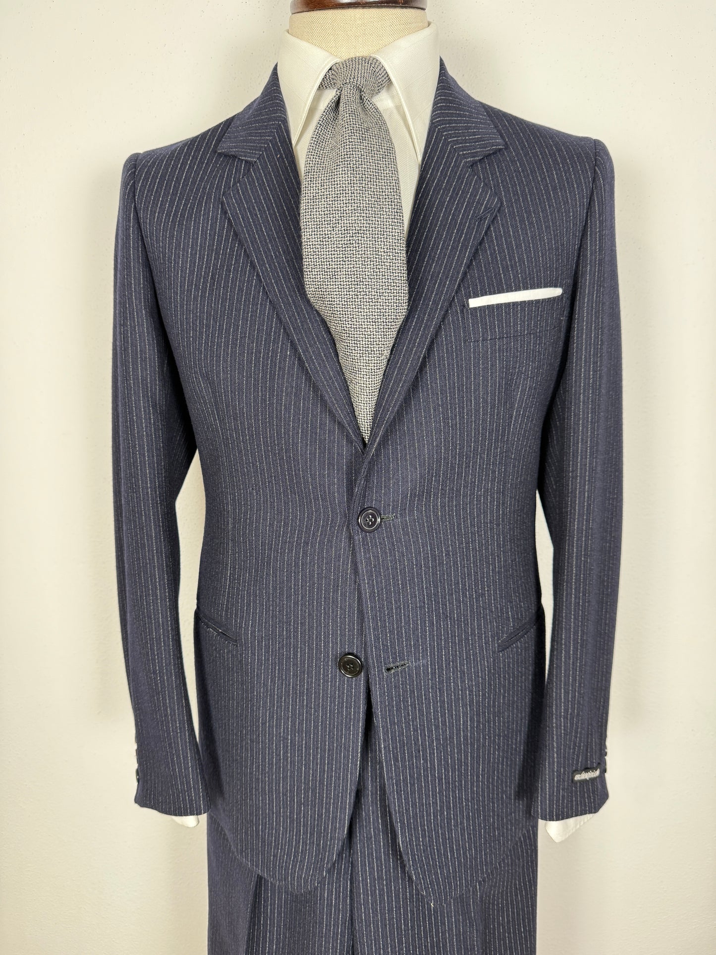 Completo Marzotto anni ‘70/‘80 in flanella blu gessato (NOS) - tg. 44