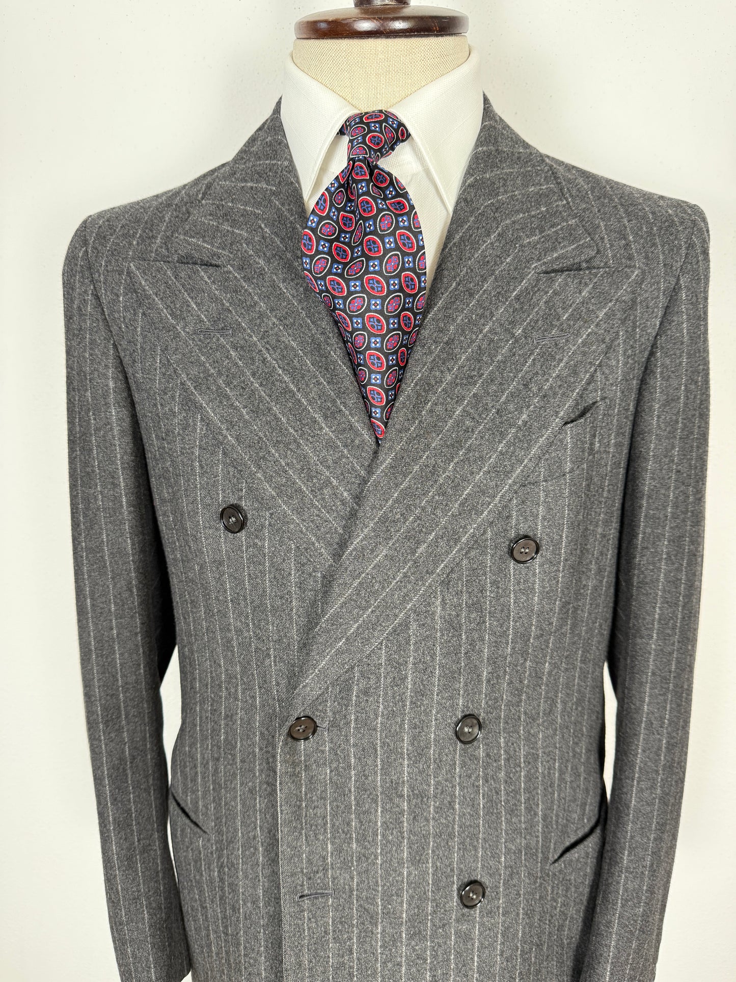 Completo doppiopetto sartoriale anni ‘70 in flanella grigio gessato - tg. 50/52 drop basso