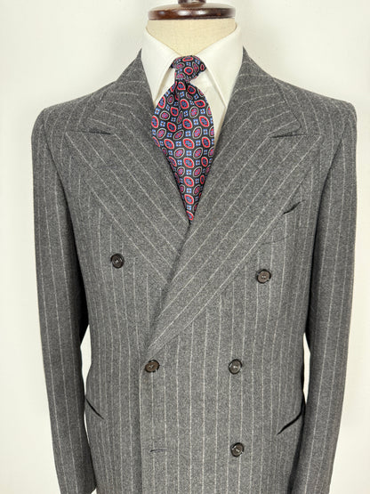 Completo doppiopetto sartoriale anni ‘70 in flanella grigio gessato - tg. 50/52 drop basso