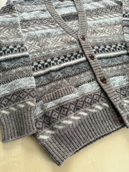 Cardigan anni ‘80 in lana Shetland fantasia geometrica - L