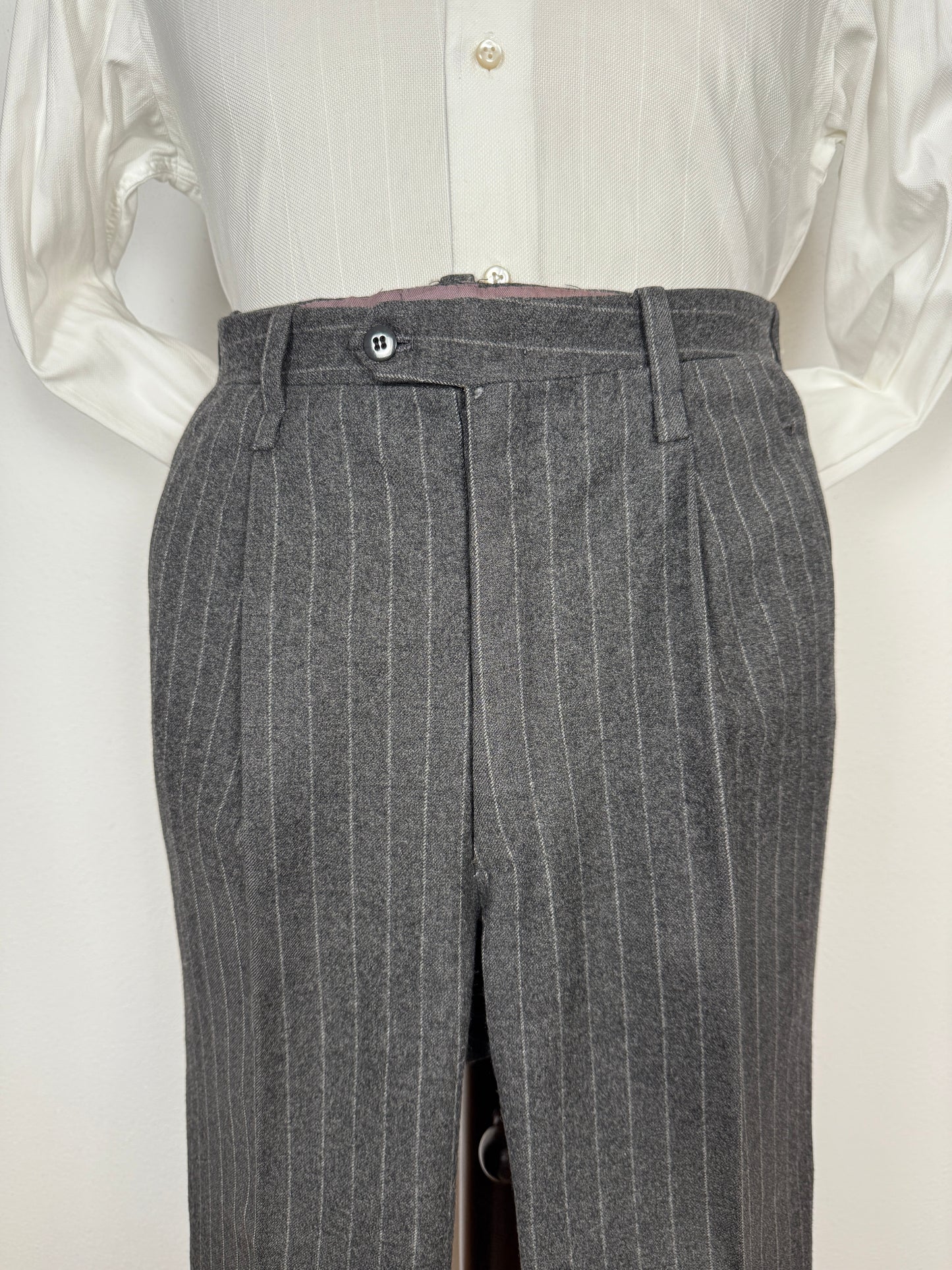 Completo doppiopetto sartoriale anni ‘70 in flanella grigio gessato - tg. 50/52 drop basso