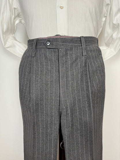 Completo doppiopetto sartoriale anni ‘70 in flanella grigio gessato - tg. 50/52 drop basso