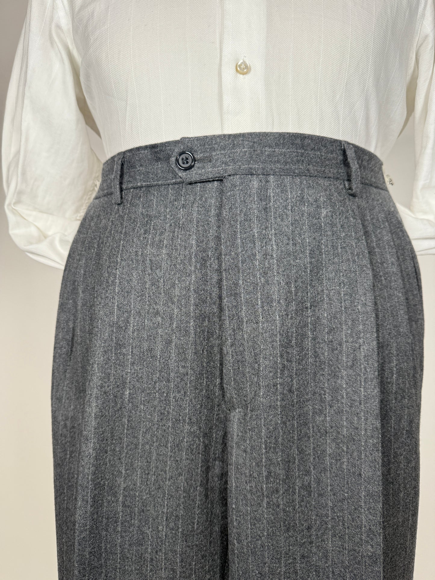 Completo doppiopetto flanella grigio gessato anni ‘80/‘90 - tg. 48/50, drop alto