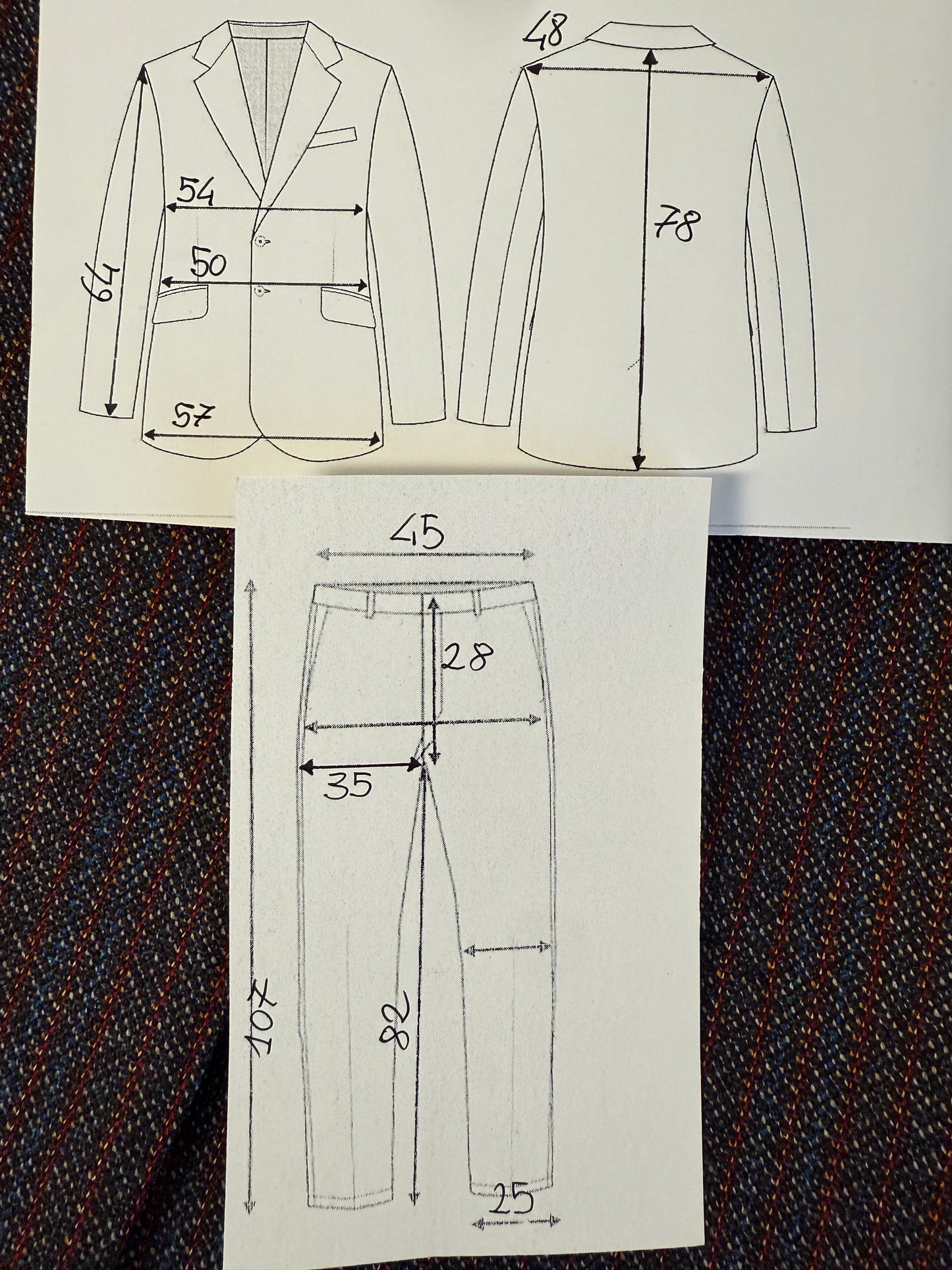 Completo sartoriale anni ‘70 rosso e blu sale-pepe - tg. 50