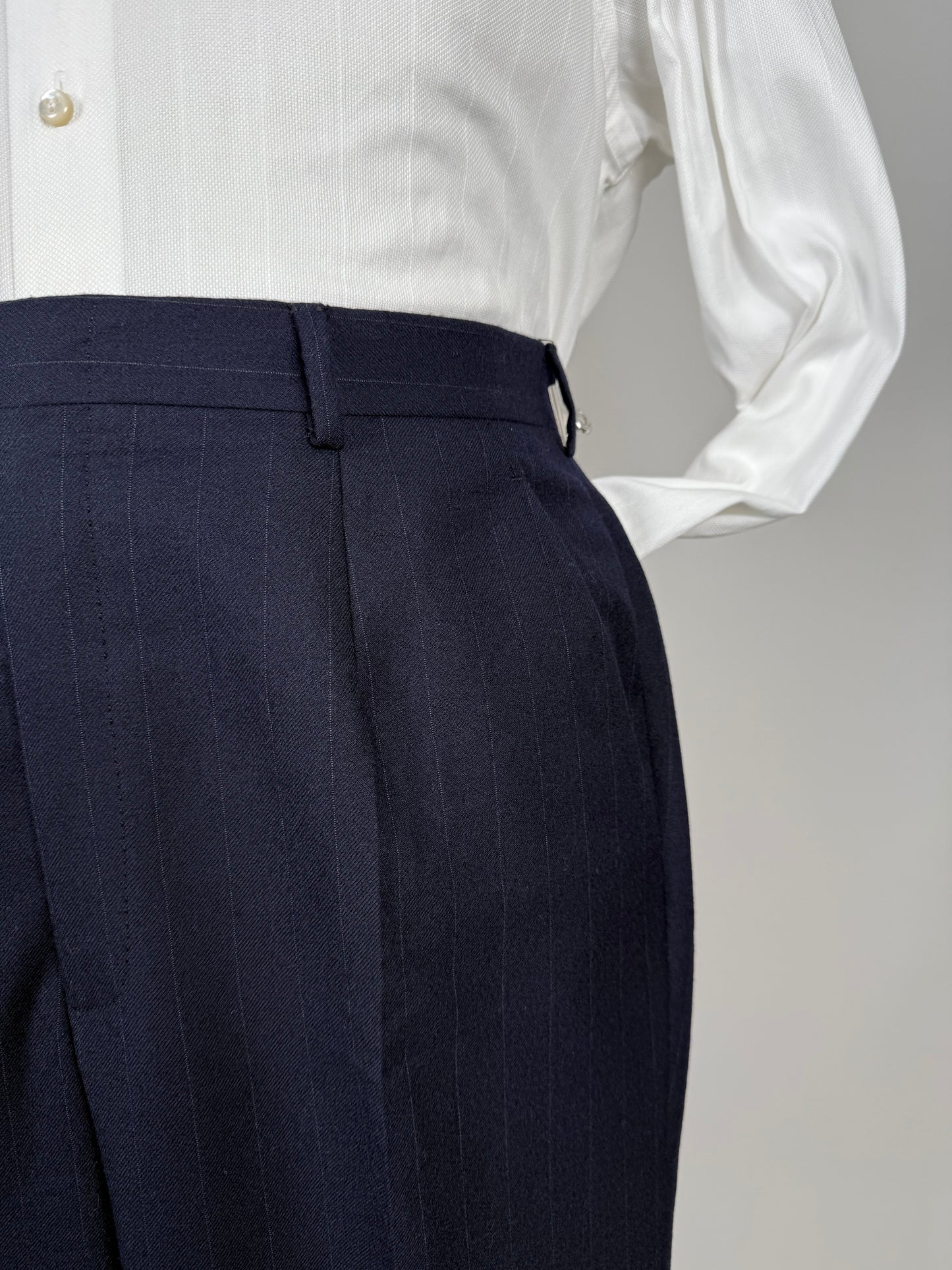 Completo Belvest doppiopetto anni ‘70 flanella blu gessato - tg. 50/52