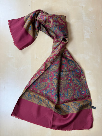 Sciarpa in seta paisley vintage rosso e cachi